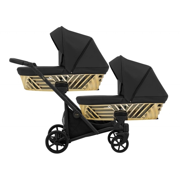 Wózek bliźniaczy Kunert Ivento Duo Glam Black Pearl. Luksusowy wózek dla bliźniąt typu tandem ze złotymi gondolami.